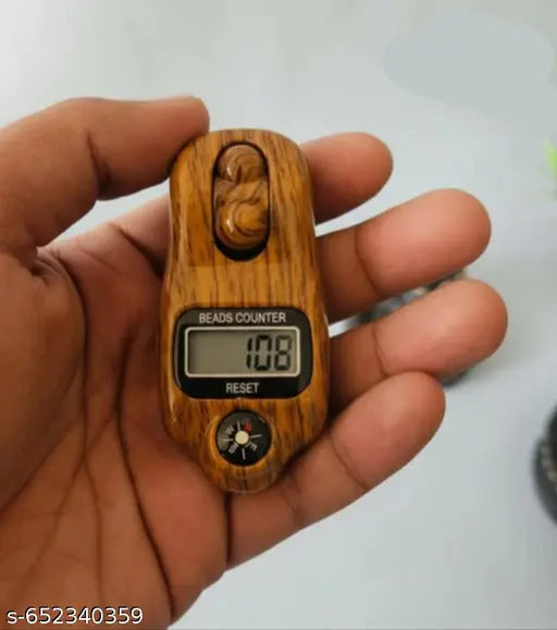 Wooden bead counter with digital display held in a hand against a white background